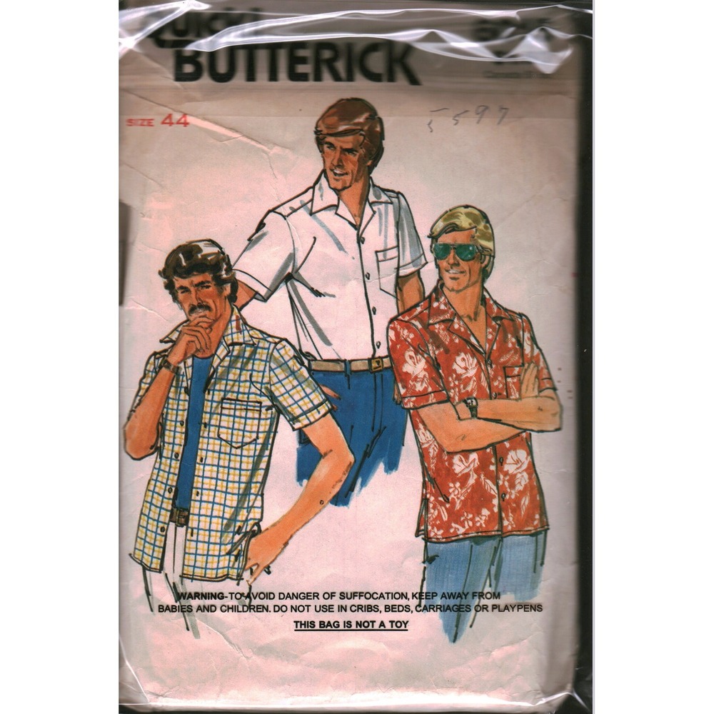 Vintage Butterick 6015‎ Mens Shirt Sewing Pattern Size 44 Short Sleeve Button Up
